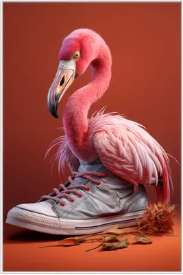 Produktbild von Wallario Wandbild Flamingo im Sneaker, Größe: 61 x 91,50 cm, Poster mit weißem Aluminiumrahmen
