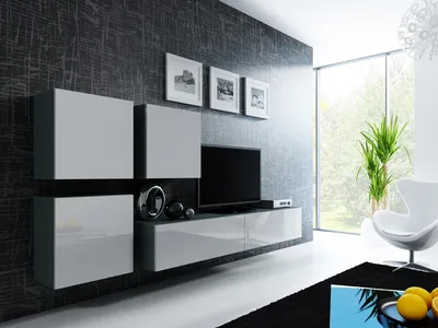 Obrázek produktu pro Nábytek24 Nástěnná skříňka VIGO 23, Designová multimediální stěna, moderní nástěnná skříňka se 3 dvířky a 2 skládacími dvířky, nástěnná skříňka Tv lowboard šedá / bílá vysoký lesk
