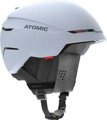 A white ski helmet with grey accents and branding.