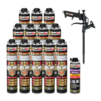 Produktbild von Isolbau Mauermörtel Pistolenschaum SET - Teflon Schaumpistole, PolyurethanReiniger Montageschaum Klebeschaum PolyurethanMörtel 12 x 750ml