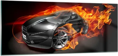 Produktbild von Bilder auf glas - Sportwagen Feuer Flammen Rauch - 100x40cm - Glasbilder - Wandbilder - Kunstdruck - zum Aufhängen bereit - Wanddekoration aus Glas - Glas Bilder - Wandbild auf Glas - GAB100x40-2656