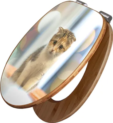 Produktbild von banjado Design WC Sitz Bambus Absenkautomatik - Kleine Katze - Toilettendeckel mit Absenkautomatik Holz/hochwertiger Bambus Klodeckel/WC-Sitz für alle gängigen Toiletten [TDB2 12791]