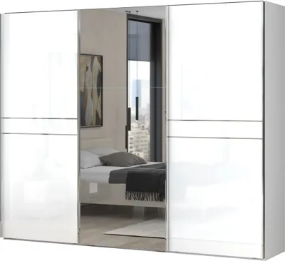 Produktbild von Kleiderschrank mit Spiegel, Farbe: Weiß / Weiß Hochglanz - 224 x 272 x 61 cm (H x B x T)