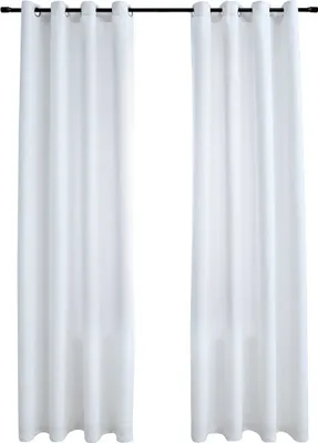 Two white curtains hanging from a rod.