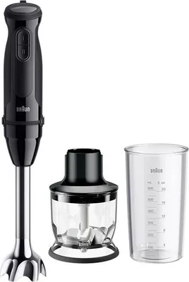 A black Braun hand blender with its accessories, including a chopper and a measuring cup, displayed against a white background.