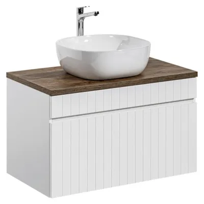Productafbeelding van ICON witte set: onderkast 80cm + donker houtlook blad + witte opzetwastafel