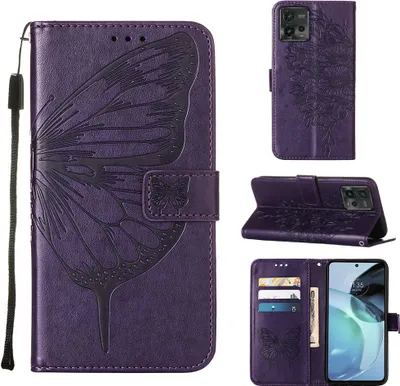Produktbild von Lederhülle für Motorola Moto G72 Schmetterling Prägung Flip Ledertasche Kartenfächer Handyhülle mit Ständer Lila