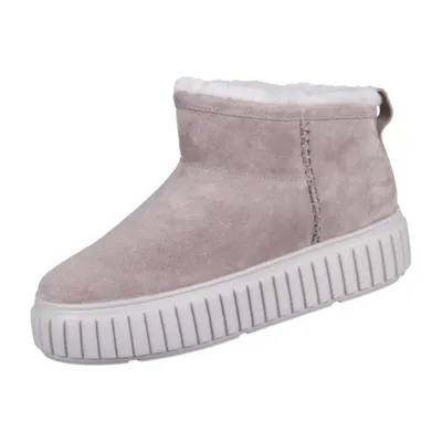 A single light gray boot with a white sole and white fluffy lining is shown against a white background.