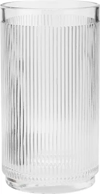 A clear studio shot of a transparent glass wine cooler with vertical ribbed detailing.