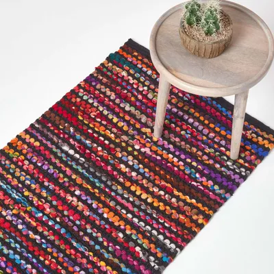 Produktbild von HOMESCAPES Flickenteppich Folk 66x200 cm – handgewebter Teppichläufer bunt gestreift