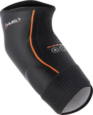A black elbow brace with orange accents and branding.