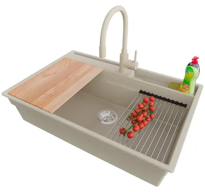 Produktbild von PRIMAGRAN Granitspüle Beige 78x53cm, Spülbecken 1 Becken + Ablauf-Set + Küchenzubehörset, Küchenspüle ab 80er Unterschrank - Oslo Pocket
