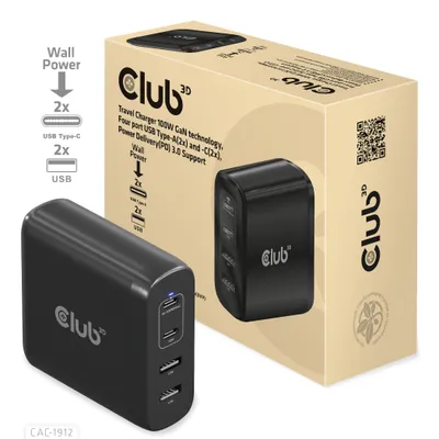 Obrázok produktu pre Cestovná nabíjačka CLUB3D 100 W s technológiou GaN, štyri porty USB typu A (2x) a C (2x), podpora Power Delivery (PD) 3.0