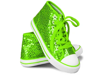 A pair of bright green sequined high-top sneakers.