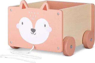 Produktbild von Holzspielzeugkiste auf Rädern mit Fuchs-Motiv – Große Aufbewahrungsbox für Spielzeug mit Zugschnur – Hellbraun – 255 x 24 x 20 cm