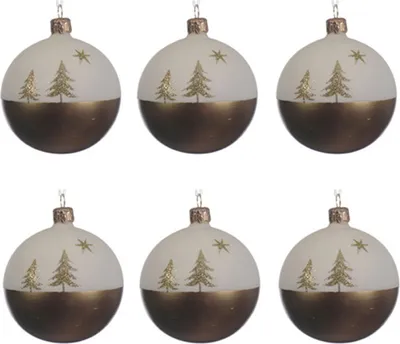 Produktbild von Weihnachtskugeln Glas 8cm Tannenbaum Motiv mundgeblasen 6er Set Weiß Gold