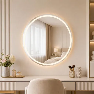 Immagine prodotto di Specchio da bagno a LED, rotondo, diametro 80 cm, con funzione di regolazione dell'intensità luminosa, 3 tonalità di luce e funzione antiappannamento