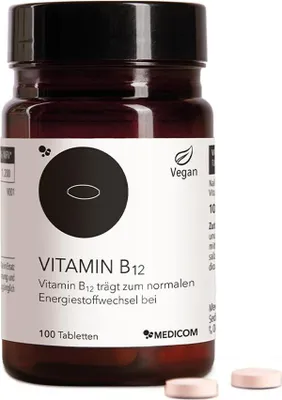 Produktbild von Medicom Vitamin B12 Tabletten mit 30 μg Vitamin B12, 100 Kapseln mit für Energie und Nervengesundheit