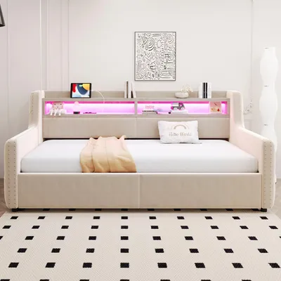 Immagine prodotto di okwish divano letto 90x200 con materasso, letto per ragazzi con illuminazione a LED e schienale, struttura letto con presa e connessione per la ricarica, beige