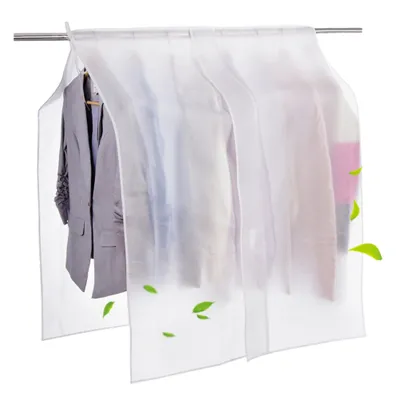 A transparent garment bag covering several suits and coats hanging on a clothes rack.