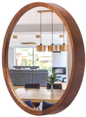 Produktbild von STOLARNIA PIKA Wandspiegel mit Holzrahmen (∅37 cm) - Spiegel Rund Holz Nussbaum - Runder Badspiegel für Badezimmer, Flur, Wohnzimmer, Schlafzimmer