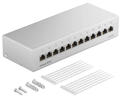 Produktbild von deleyCON CAT 6a Patchpanel Verteilerfeld 12 Port 1 HE RJ45 - Lichtgrau – Grau (RAL 7035 Lichtgrau)