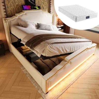Immagine prodotto di Letto imbottito 140x200, letto matrimoniale con contenitore idraulico, illuminazione LED e connessione di ricarica USB-C, beige, con materasso