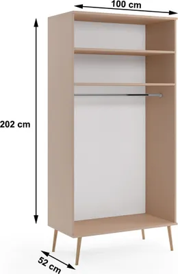 A beige wardrobe with shelves and a hanging rod, shown with dimensions.