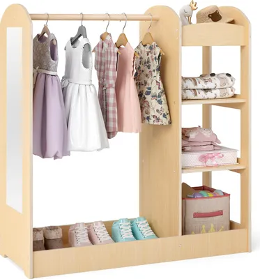 Produktbild von COSTWAY 93,5x38x100 cm Kindergarderobe mit Spiegel, Prinzen Prinzessin Kleiderständer mit Kleiderbügel&4 Ablagen, Kinder Kleiderschrank aus Holz Natur