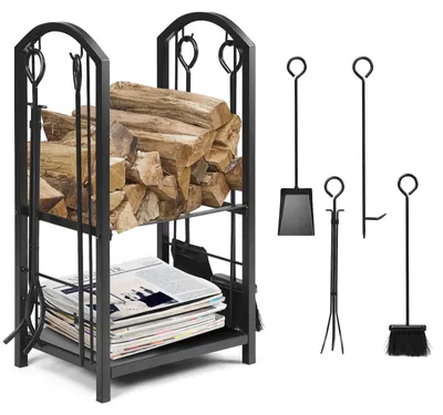 Productafbeelding van COSTWAY Kachelaccessoire set, 5-delig, met metalen houtrek, houtrek met 2 plateaus, borstel, tang, schep, kolenhaak, geschikt voor binnen- en buitengebruik