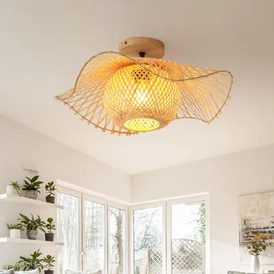 Bambus-Deckenleuchte, handgewebt, Boho, E27, 48 cm