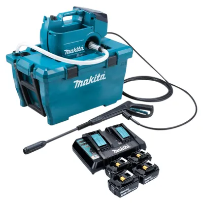 Productafbeelding van Makita DHW 080 PF4K Snoerloze hogedrukreiniger 36 V ( 2x 18 V ) 80 bar 380 l/u Borstelloos + 4x oplaadbare accu 3.0 Ah + dubbele lader