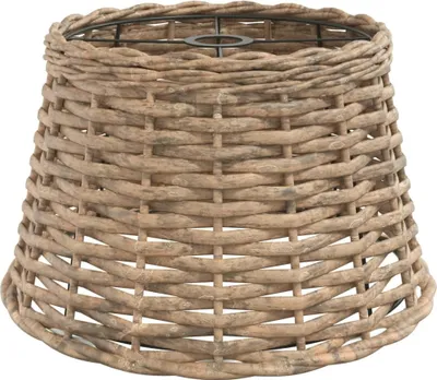 A close-up view of a woven lampshade made of natural materials.