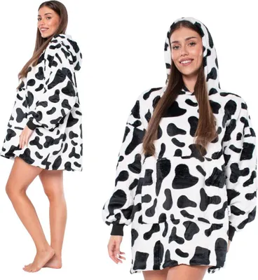 Zdjęcie produktu dla Sweter Kocobluza 2w1 Oversize XXL z kapturem Gruby Sherpa Cętki krowie