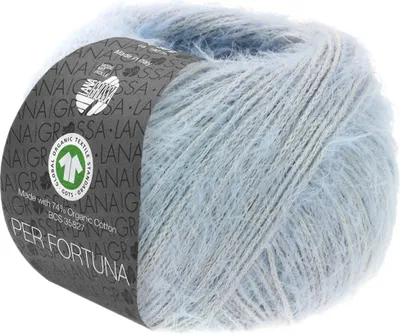 A ball of light blue yarn with a label wrapped around it.