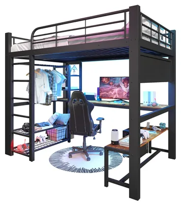 Produktbild von Hochbett mit Schreibtisch, LED-Licht, Lochplatte & Kleiderstange, Metallrahmen, 140x200 cm, Schwarz