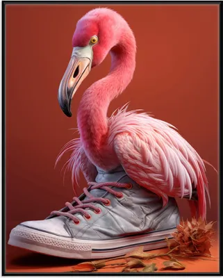 Produktbild von Wallario Wandbild Flamingo im Sneaker, Größe: 40,30 x 50,30 cm, Poster mit schwarzem Aluminiumrahmen