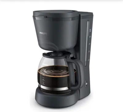 A black Philips coffee maker with a glass carafe filled with coffee, set against a white background.