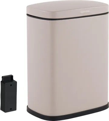 Obrázok produktu pre Relaxdays Kozmetický odpadkový kôš na montáž na stenu, 3 litre, automatické spúšťanie, vnútorný kôš, kovový, hranatý kúpeľňový odpadkový kôš, béžový