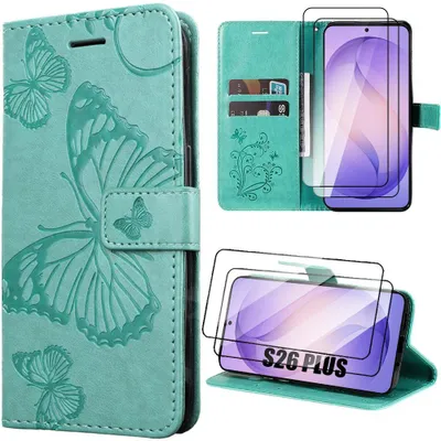 Image de Coque + 2 Verres Trempés pour Samsung Galaxy S26 Plus, Protection Rabat Cuir Synthétique Motif Papillon Vert