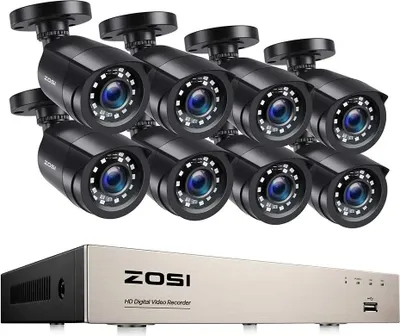 Obrázek produktu pro Bezpečnostní kamerový systém ZOSI, rozlišení 2MP, noční vidění až 80 stop, 8CH DVR s 8 kamerami, žádný