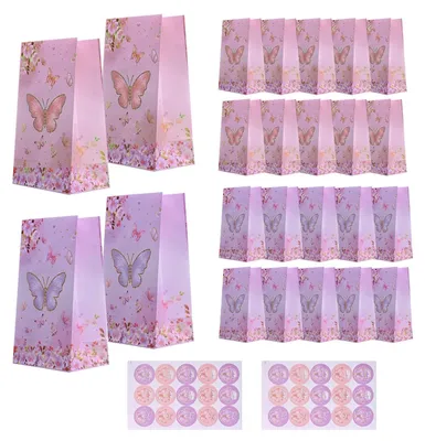 Image de Sacs cadeaux en papier, motif papillon, avec autocollants - 24 pièces - 13 x 8 x 22 cm