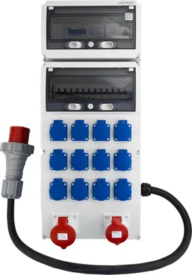 Imagen del producto de Distribuidor de energía para construcción, 32A/16A, 12 enchufes de 230V, con contador de energía MID, enchufes Mennekes y cable de 5x10mm². Modelo Doktorvolt® eXT-S/FI DV-8218-F