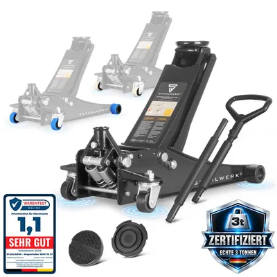 Produktbild von STAHLWERK Hydraulischer Wagenheber mit 3 t Tragkraft - extra flach, 73-500 mm Hubbereich, gummierte Silent-Rollen, Doppelhubkolben, Rangierwagenheber, WHB-73