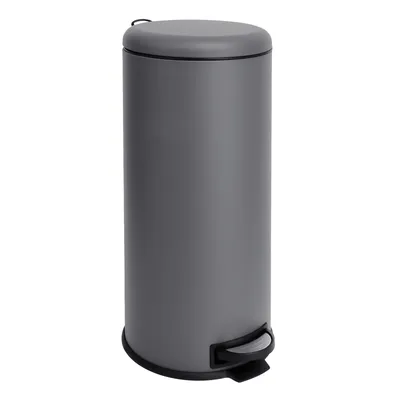 A gray pedal trash can on a white background.