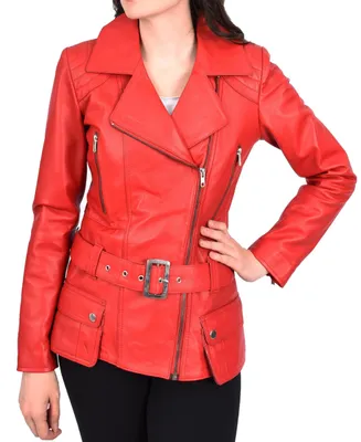 Productafbeelding van Dames Leren Bikerjack - Fitted Met Riem - Rood