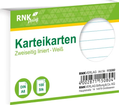 Obrázok produktu pre RNK Verlag 115080 Indexové karty - DIN A8, linkované, biele, 100 kariet