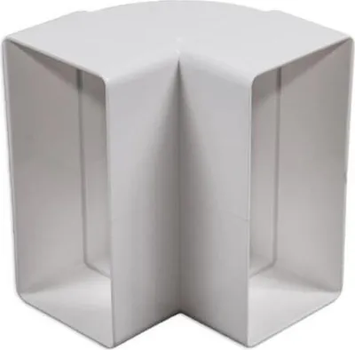 A white corner piece for a ventilation duct system.