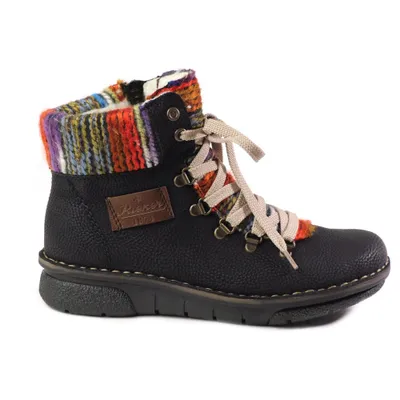 A single black boot with a colorful knitted cuff and laces is shown against a white background.