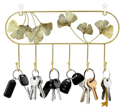 Produktbild von Schlüsselbrett Modern, Ginkgoblatt-Design, Metall Schlüsselhalter, Wandmontage mit 6 Haken, Schlüsselaufbewahrung für Küche, Eingang, Flur